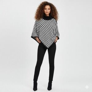 Chicos Black White Houndstooth Tassel Fringe Poncho Sweater Cowl Neck‎ L XL